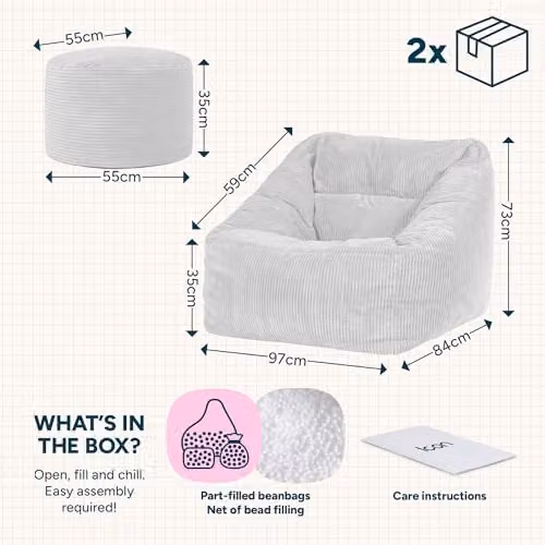 icon Natalia Corduroy Bean Bag Armchair and Round Footstool Set in Pink – 4