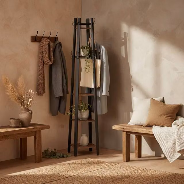Wyld Haus Kareva 4 Tier Industrial Coat Stand with Shelves and Hooks, Rustic Brown and Black
