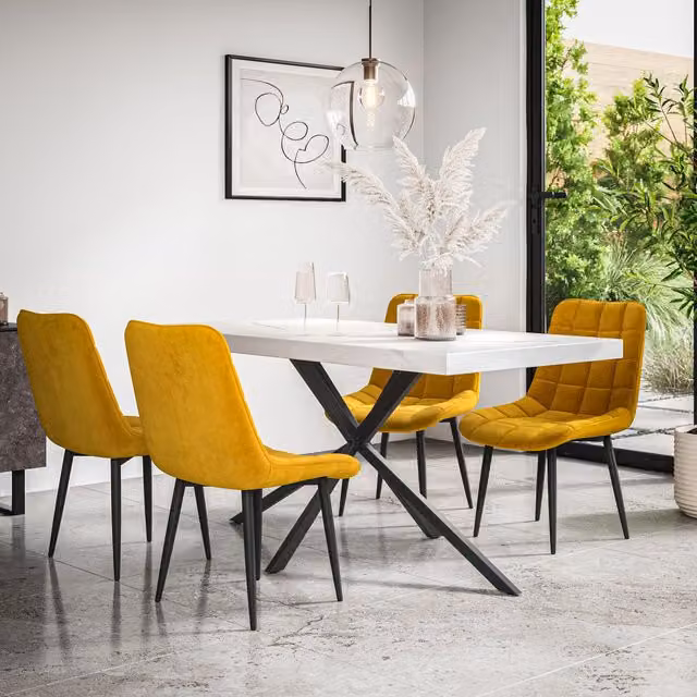More4Homes Donni Dining Table and Nova Velvet Dining Chair Set, White Marble Effect Table with Black Legs and 4 Mustard Yellow Chairs