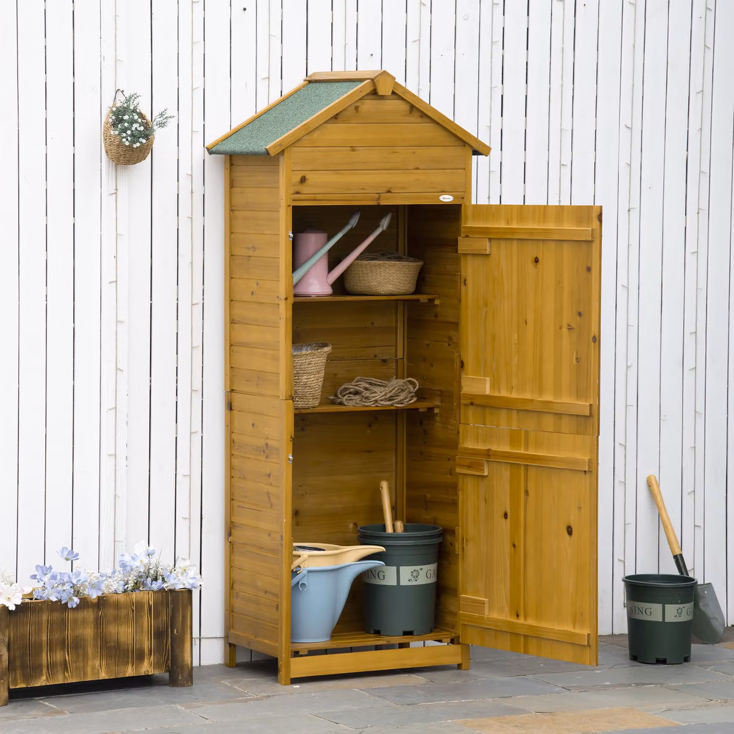 Outsunny Wooden Garden Storage Shed Utility Cabinet with 3 Shelves and Double Doors, Brown, H x W x D: 191.5 x 79 x 49 cm – 2