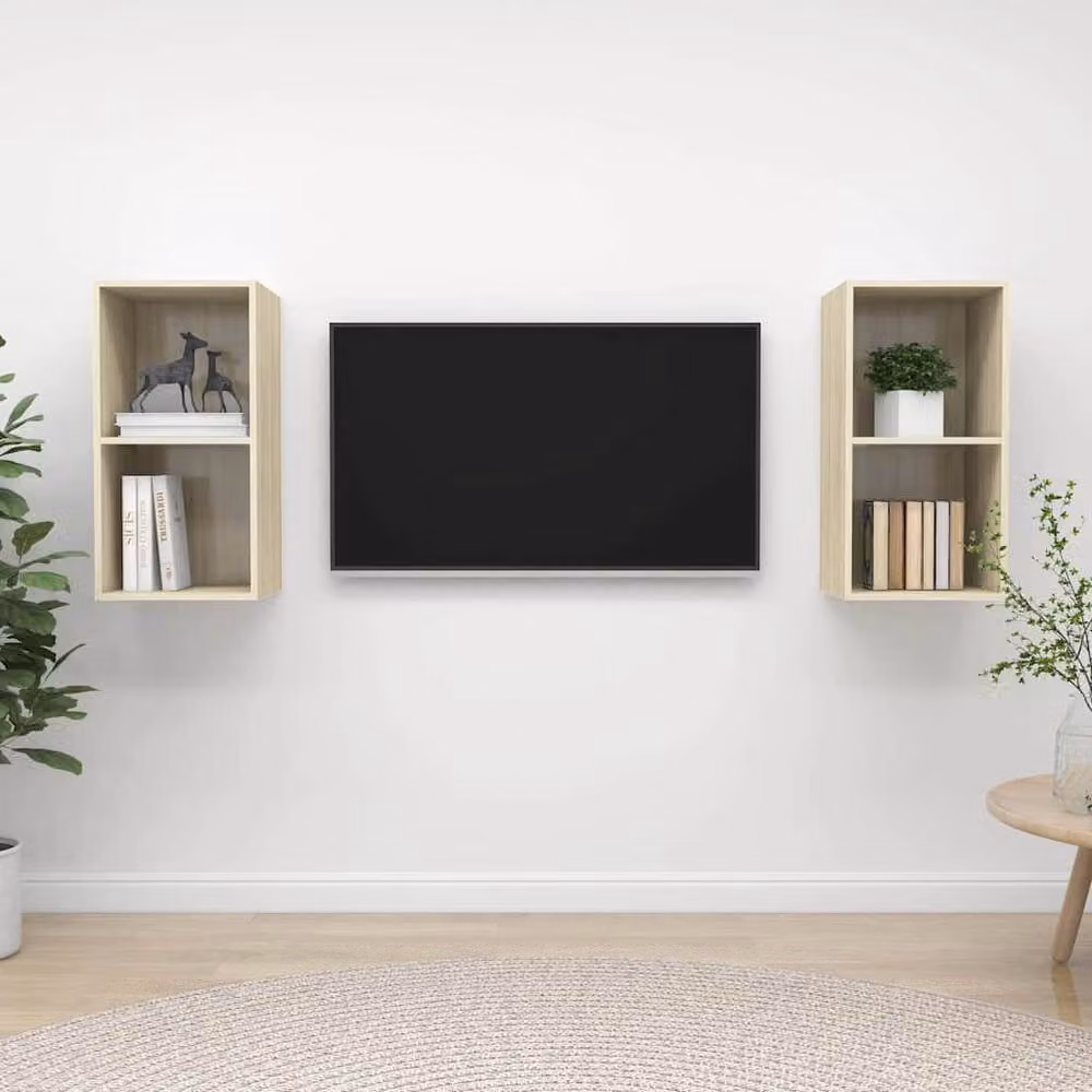 Berkfield Home Set of 2 Wall-mounted TV Cabinets in Sonoma Oak and Beige, W/D/H: 72 x 37 x 37 cm – 2