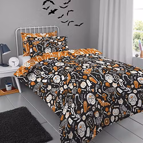 Bedlam Halloween Day of the Dead Childrens Reversible Duvet Cover and Pillowcase Set in Black and Orange, W/D/H: 200 x 200 cm – 4