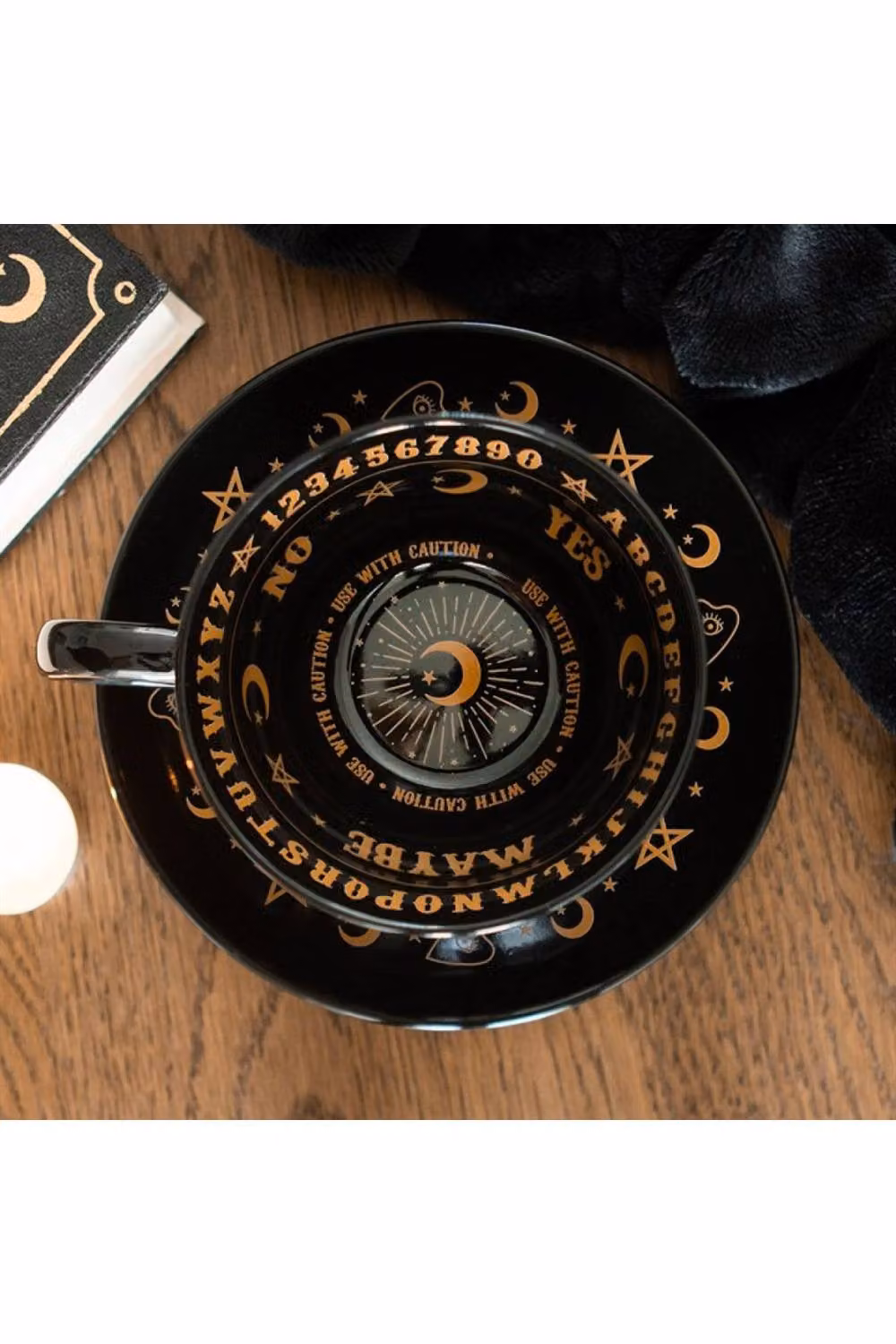 KDMD Mystic Black Talking Board Teacup and Saucer Set, Gold Finish, 500ml – 2