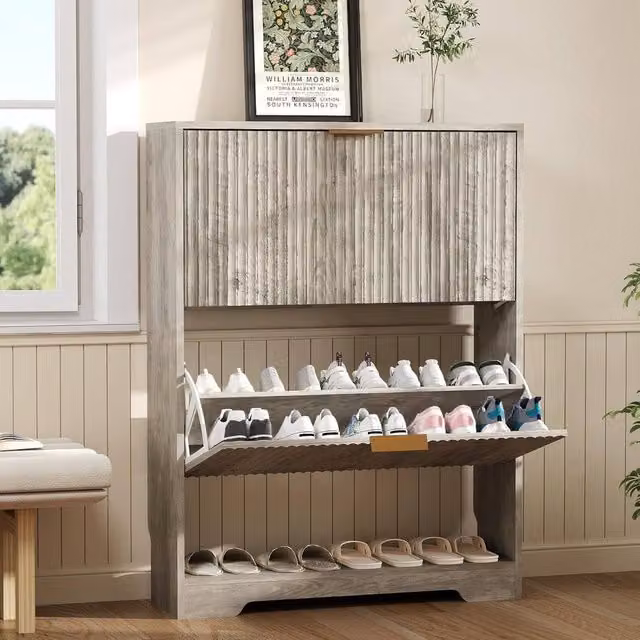 London Boutique Modern Mid-Century Shoe Storage Cabinet in Grey with 2 Drawers and Tilting Compartments – 1