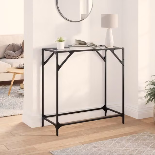 Berkfield Home Modern Console Table with Transparent Glass Top and Brown Steel Frame, W/D/H: 80 x 35 x 81 cm