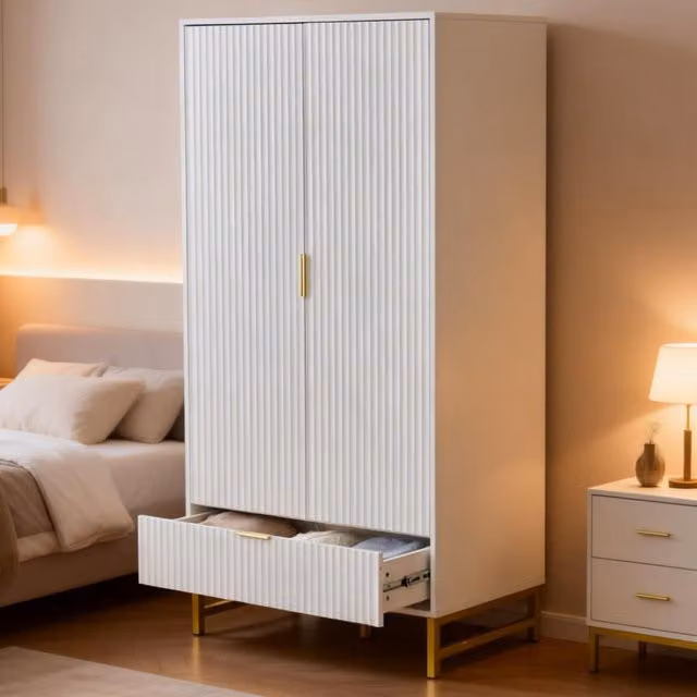 Furniture One Fluted Wardrobe with Hinged Doors and Integrated Drawers in White
