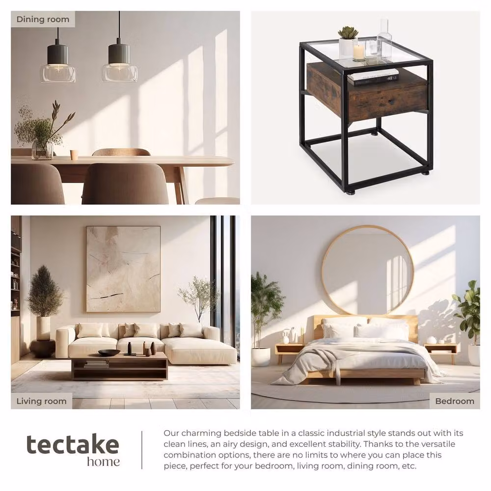 tectake Minimalist Nightstand with Glass Surface and Drawer in Brown – 7