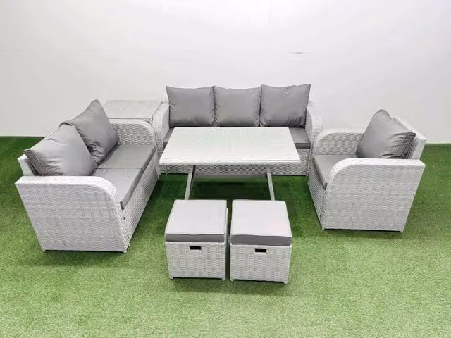 Fimous Patio Dining Table and Chairs Set with Reclining Chair and 2 Small Stools in Light Grey