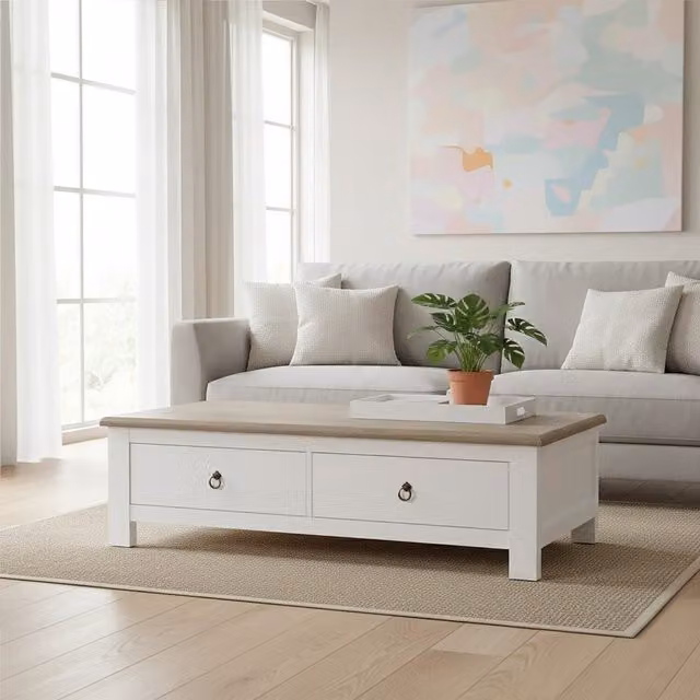 Orsina Rectangular 2 Drawer Coffee Table with White Beech Wood Cabinet and Metal Handles