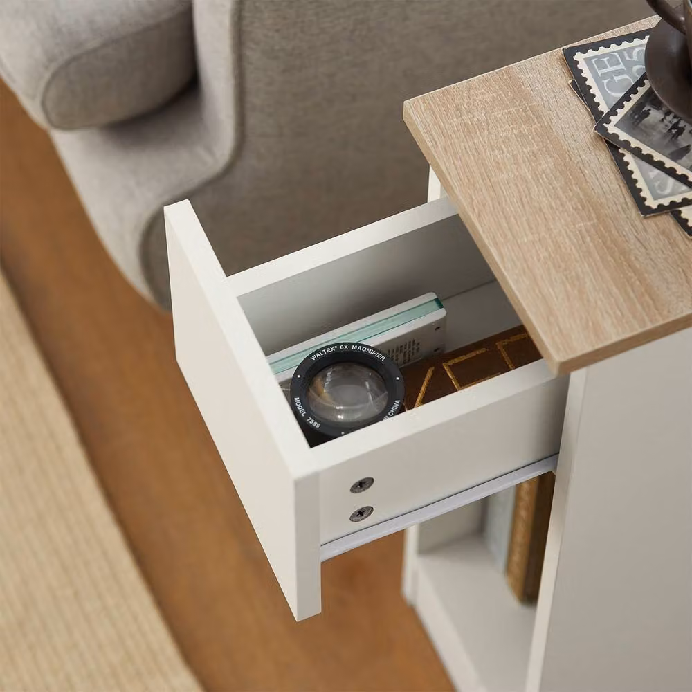 SoBuy Set of 2 Modern Slim Bedside Tables with Open Shelf and Drawer, White, W/D/H: 35 x 20 x 60 cm – 5