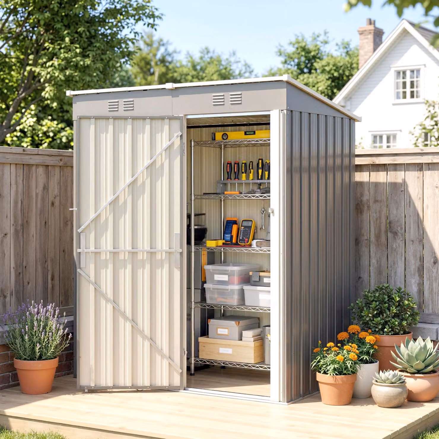 Outsunny Grey Lean-to Garden Storage Shed with Lockable Hinged Doors and Side Vents, W/D/H: 152.4 x 91.44 x 152.4 cm – 6