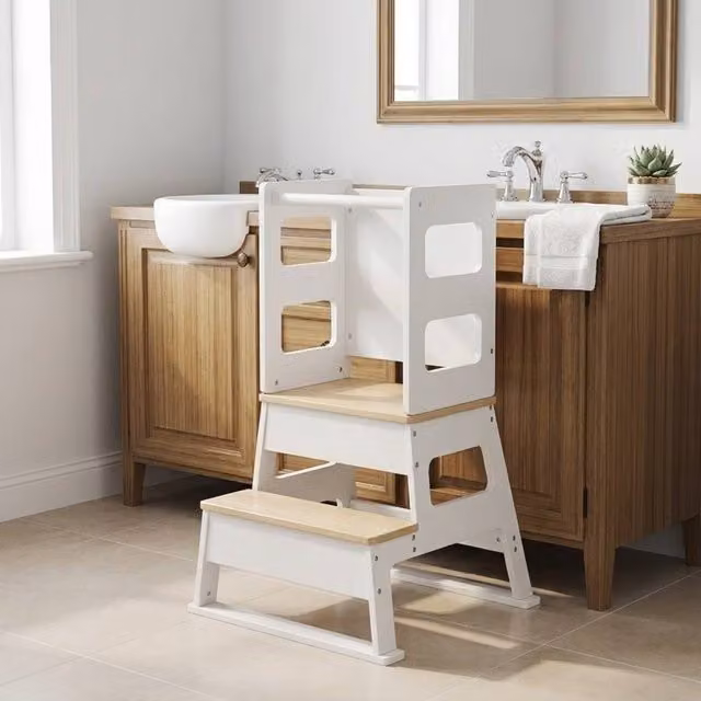 STILVORA Toddler Standing Tower with Blackboard in White – 1