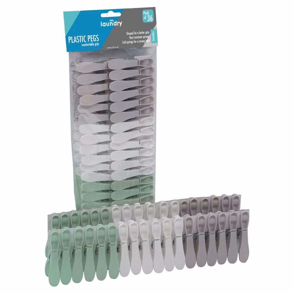 JVL Pack of 3 Small Plastic Clothes Pegs, 108 Total, Assorted Colours (Grey, White, Green) – 2