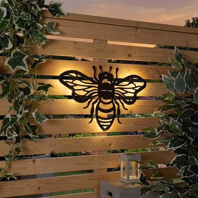 Garden Greatness Lunaria Bumble Bee Solar Garden Wall Art in Black Metal