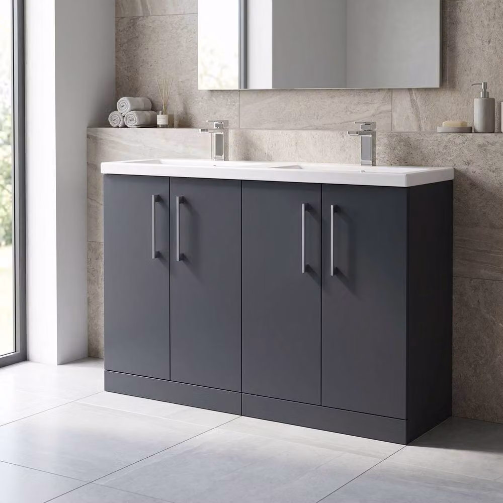 Balterley Level 4 Door Double Basin Floor Standing Bathroom Vanity Unit, Dark Grey, W: 120.5 cm – 2