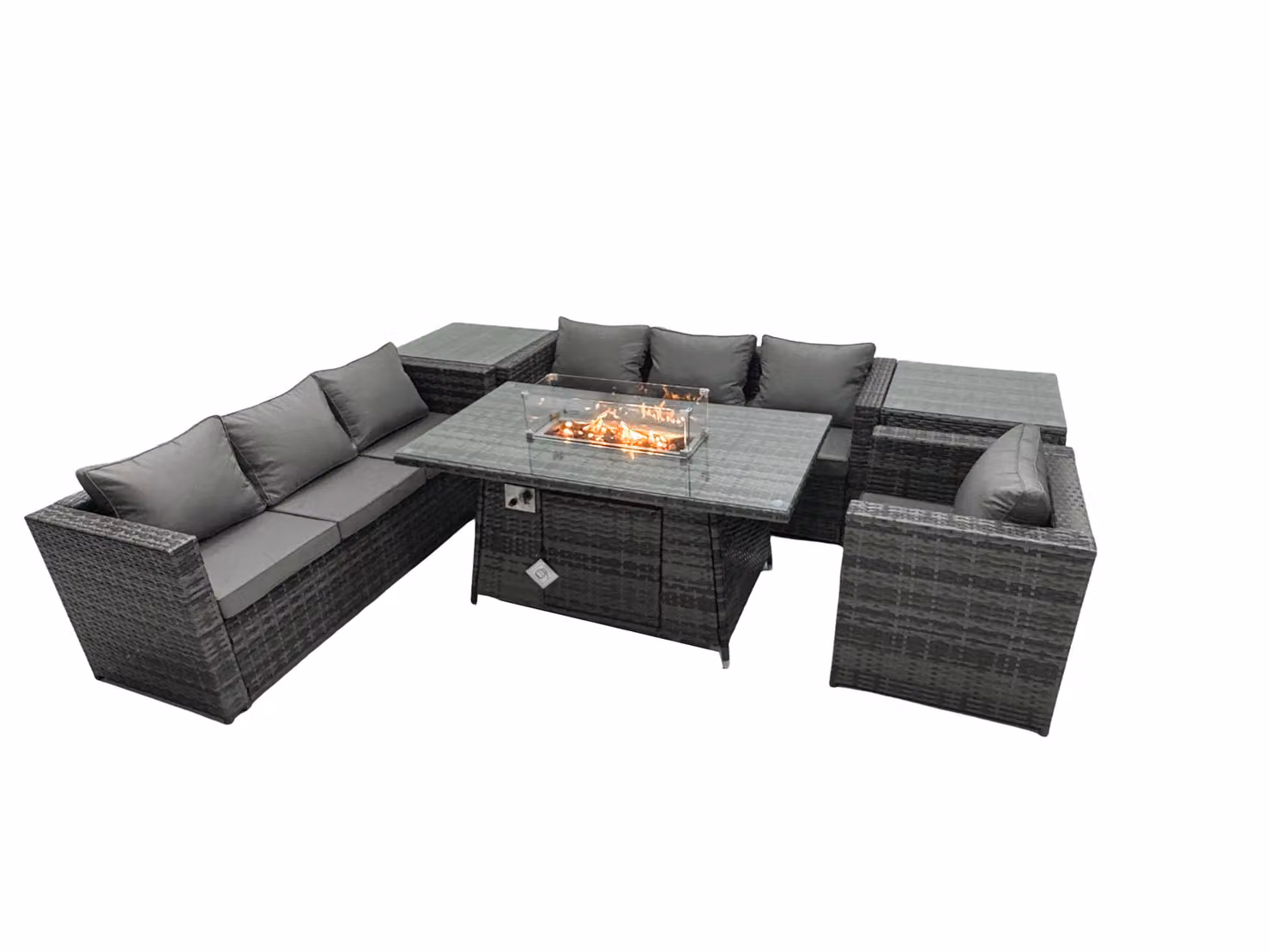 Fimous 7 Seater Rattan Garden Furniture Firepit Dining Set with 2 Side Tables in Dark Grey – 2