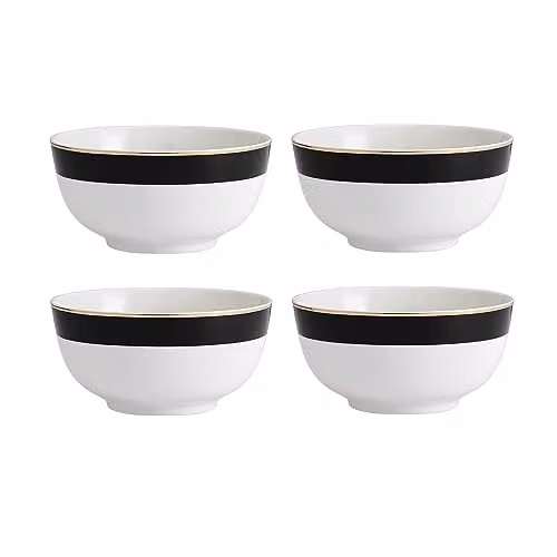 Mikasa Luxe Deco 4pc Bone China Cereal Bowl Set in White, Black and Gold with Geometric Design, Diameter: 14 cm – 1