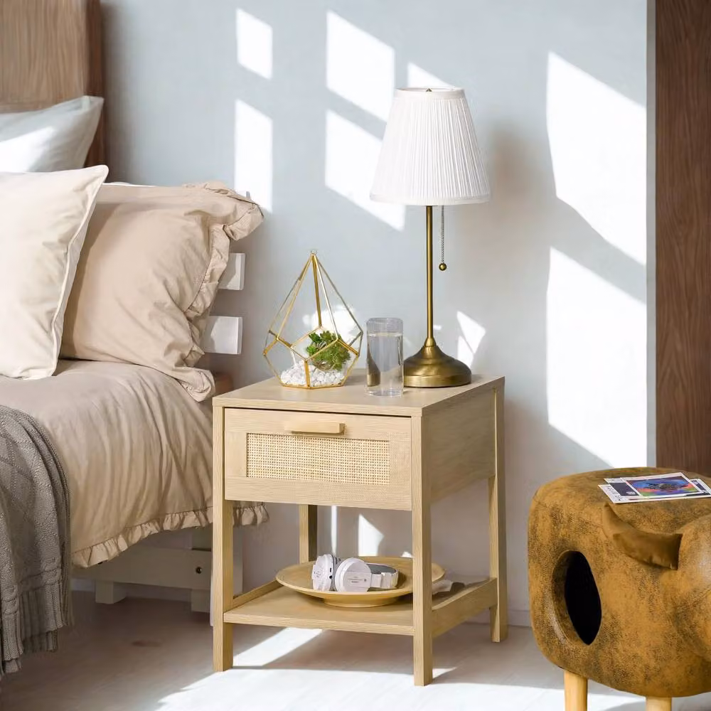 FURNOS Set of 2 Brown Bedside Night Tables with Rattan Drawer and Shelf, W: 40 cm, D: 40 cm, H: 48 cm – 3