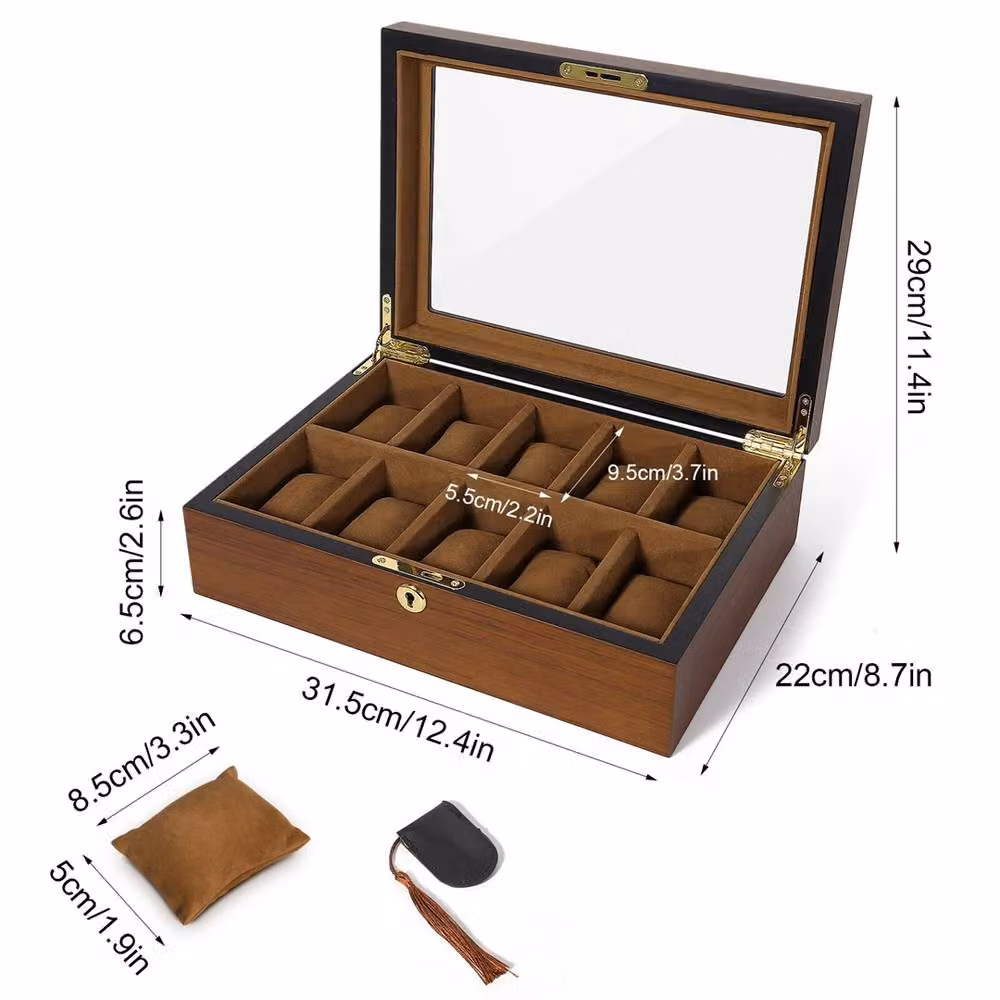 Kelvenix 10 Grid Watch Display and Storage Organizer Box in Brown Wood and Metal, W/D/H: 31.5 x 29.0 x 1.0 cm – 2