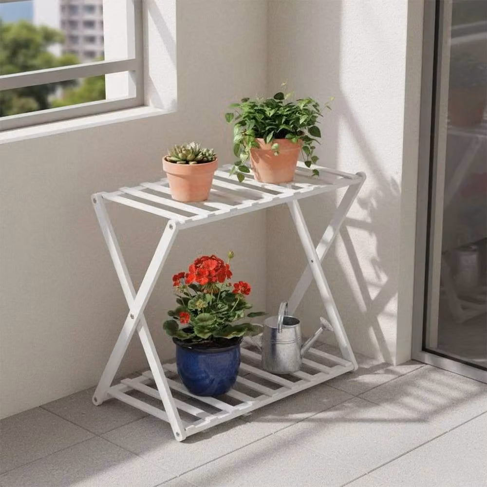 FORGEVIO White 2-Tier Wood Plant Stand for Garden and Balcony – 3