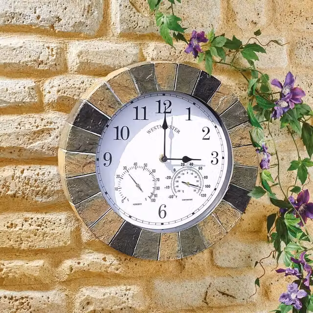 Marco Paul Grey Stone Roman Numeral Analog Clock and Thermometer for Indoor or Outdoor Use, Diameter: 35 cm