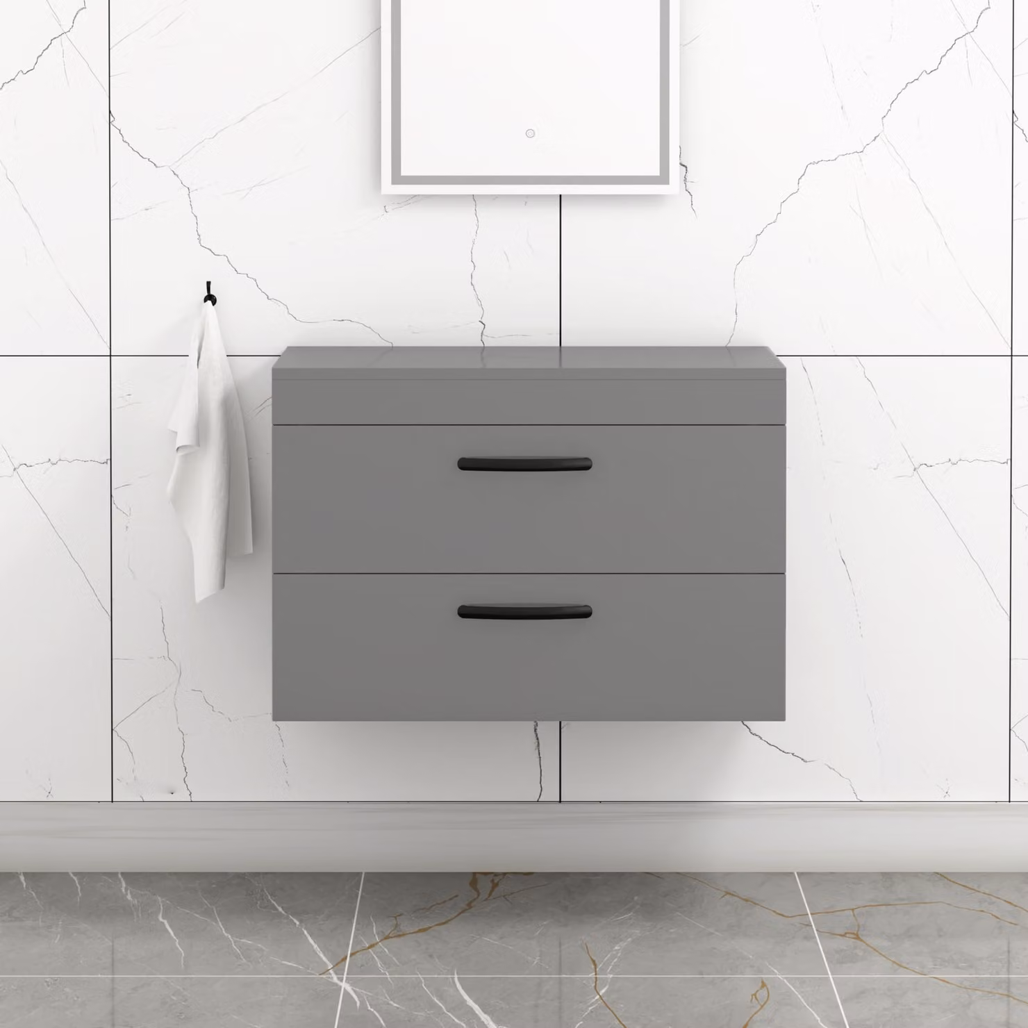 Royal Bathrooms 800mm Wall Hung Vanity Unit with 2 Drawers in Grey Gloss and Matt Black Handles