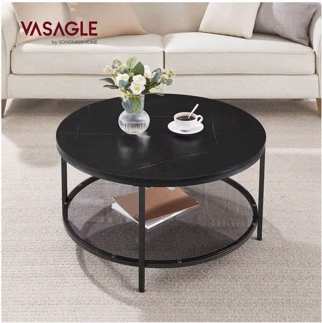 VASAGLE Modern Round Coffee Table with Glass Shelf and Metal Frame in Black