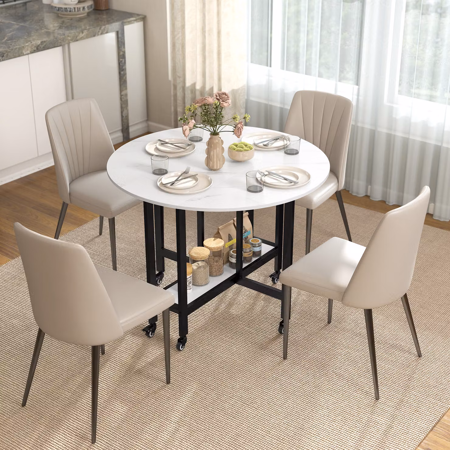 HOMCOM White Marble Drop Leaf Folding Dining Table with Open Shelf and Castors – 2