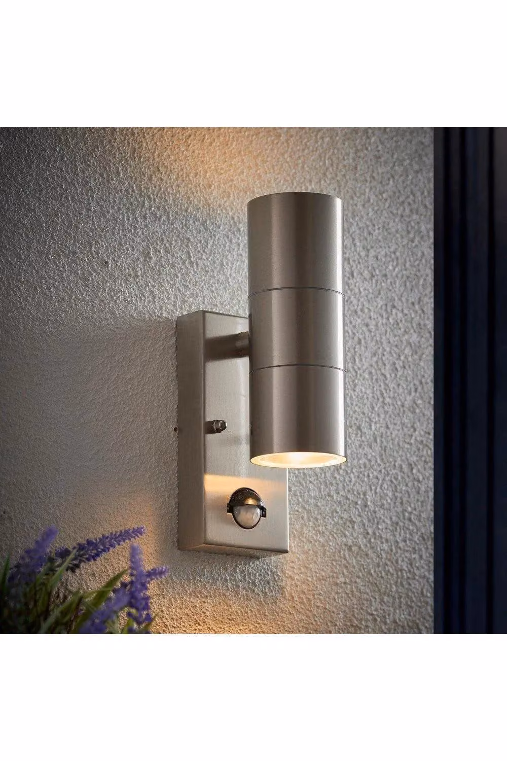 Netlighting Canon PIR 2 Light Outdoor Up Down Wall Light in Polished Stainless Steel and Clear Glass with Motion Sensor, IP44, GU10 – 2