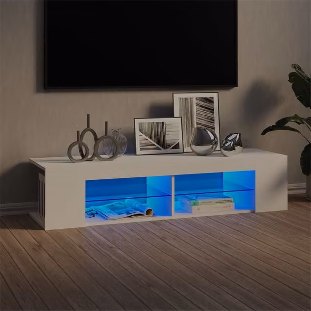 Berkfield Home Modern Glossy White TV Cabinet with LED Lights W/D/H: 135 x 39 x 30 cm – 1
