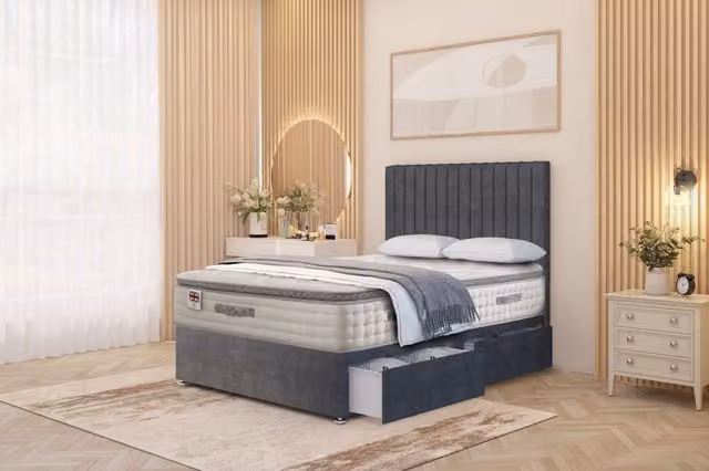 Somnior Eleanor Hybrid Divan Bed Set with 2 Drawers and Headboard, Charcoal Grey, W/D/H: 90 x 190 x 33 cm