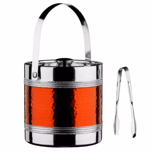 Premier Housewares Stainless Steel Ice Bucket with Lid and Tongs, Silver with Red Hammered Finish – 1