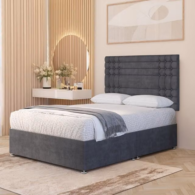 Somnior Beds Ltd Saville Plush Velvet Divan Bed Set with 32 inch Headboard and Orthopaedic Mattress, Grey, W/D: 120 x 200 cm