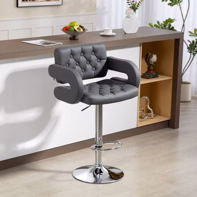 HOMCOM Grey Swivel Bar Stool with Armrests and Adjustable Height in Synthetic Leather