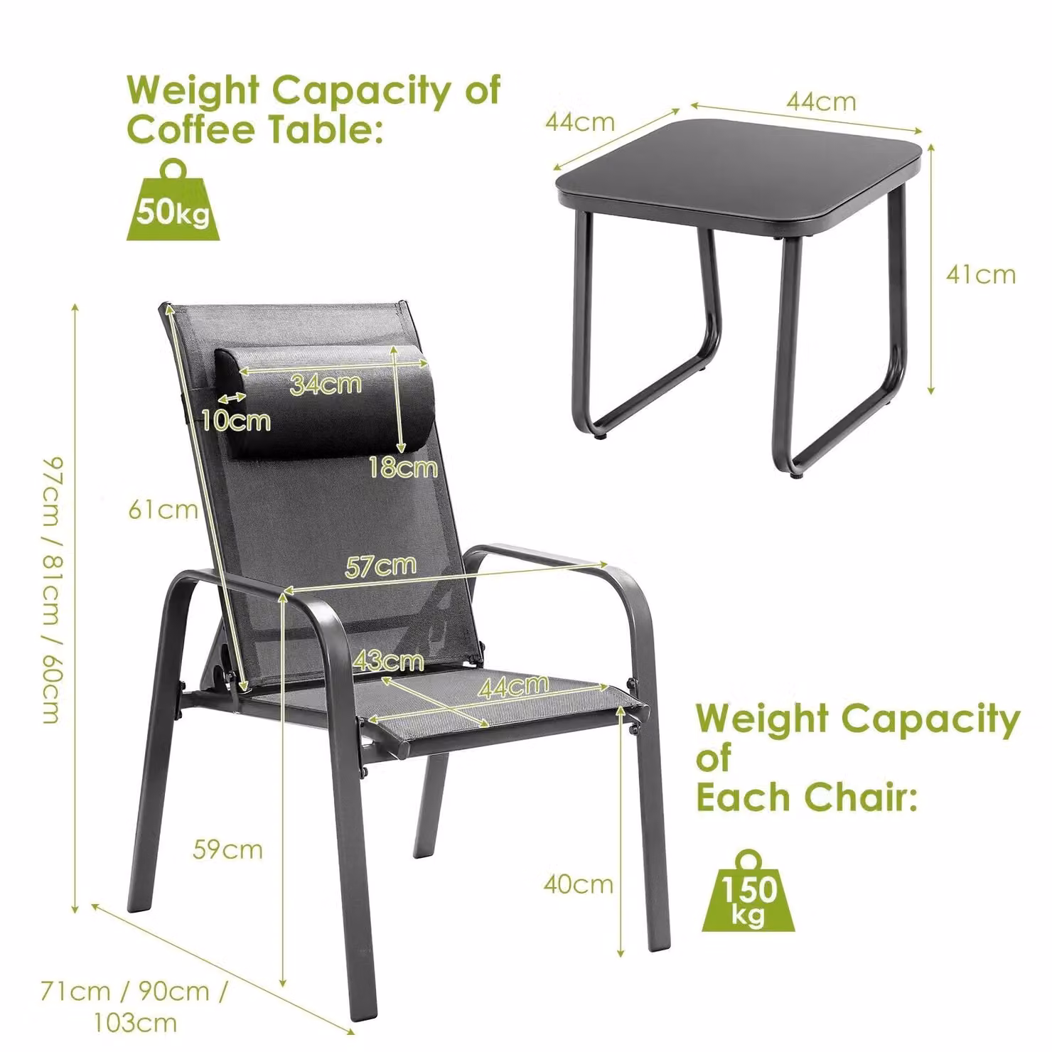 Costway 3-Piece Patio Bistro Furniture Set with Coffee Table and Stackable Chairs in Grey Steel – 2