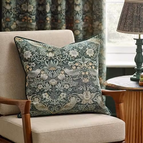 Morris & Co. Strawberry Thief Feather Rich Filled Cushion, Jacquard Velvet Floral Pillow in Green, W/D/H: 55 x 55 x 55 cm – 3