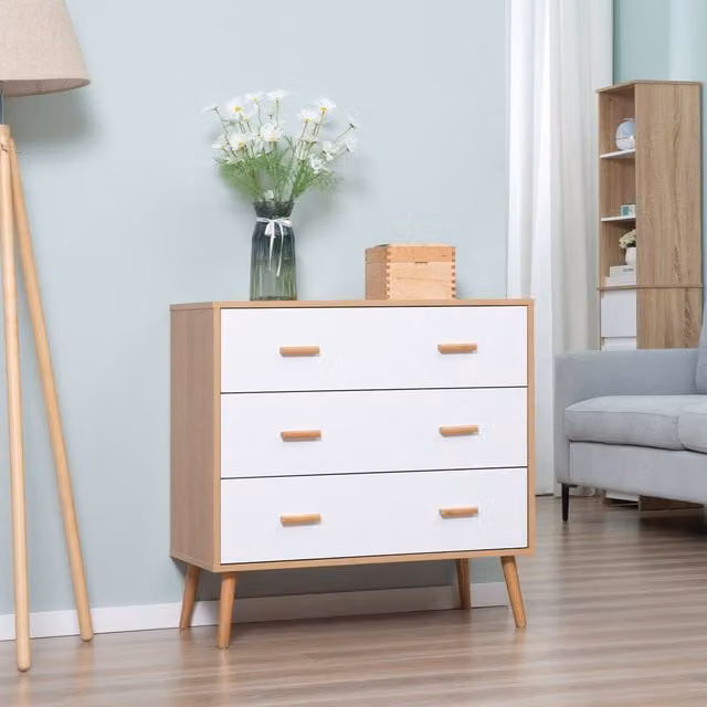 HOMCOM Scandinavian Style Freestanding 3-Drawer Chest of Drawers in White and Natural Wood Finish