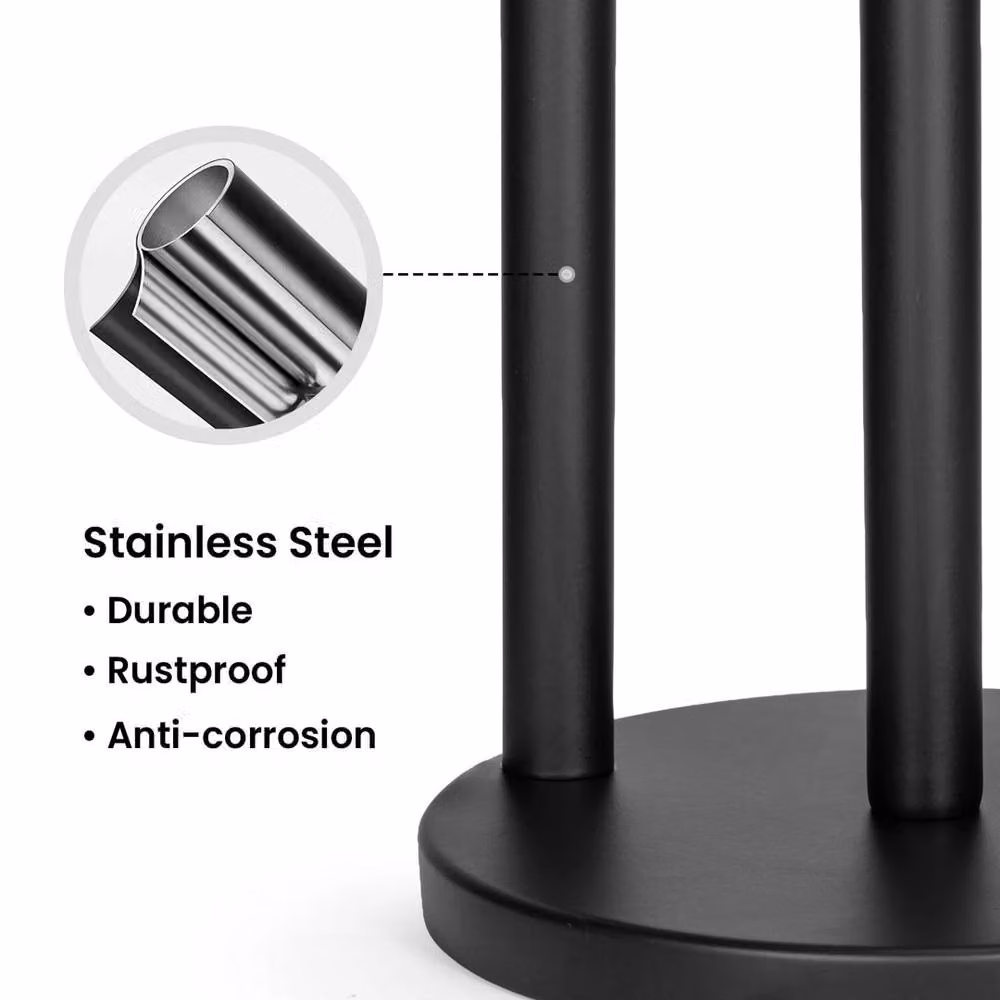 VOGREX Freestanding Toilet Roll Holder and Spare Roll Stand in Black and Silver Stainless Steel – 3