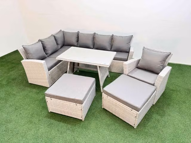 Fimous Garden 9 Seater Outdoor Rattan Furniture Set with 2 Large Footstools in Light Grey