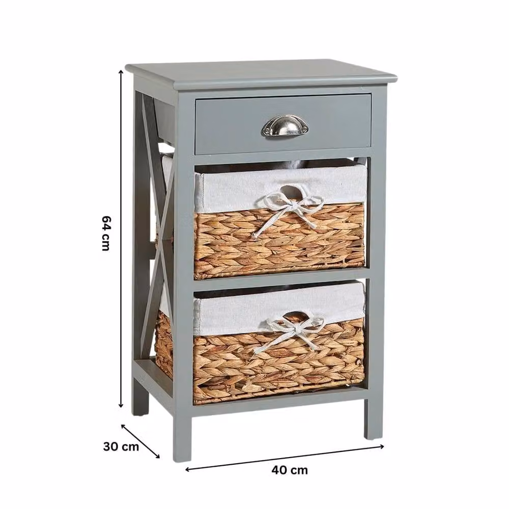 FORGEVIO Bedside 2 Drawer Chest in Grey with Wood and Metal Construction and Water Hyacinth Baskets – 2