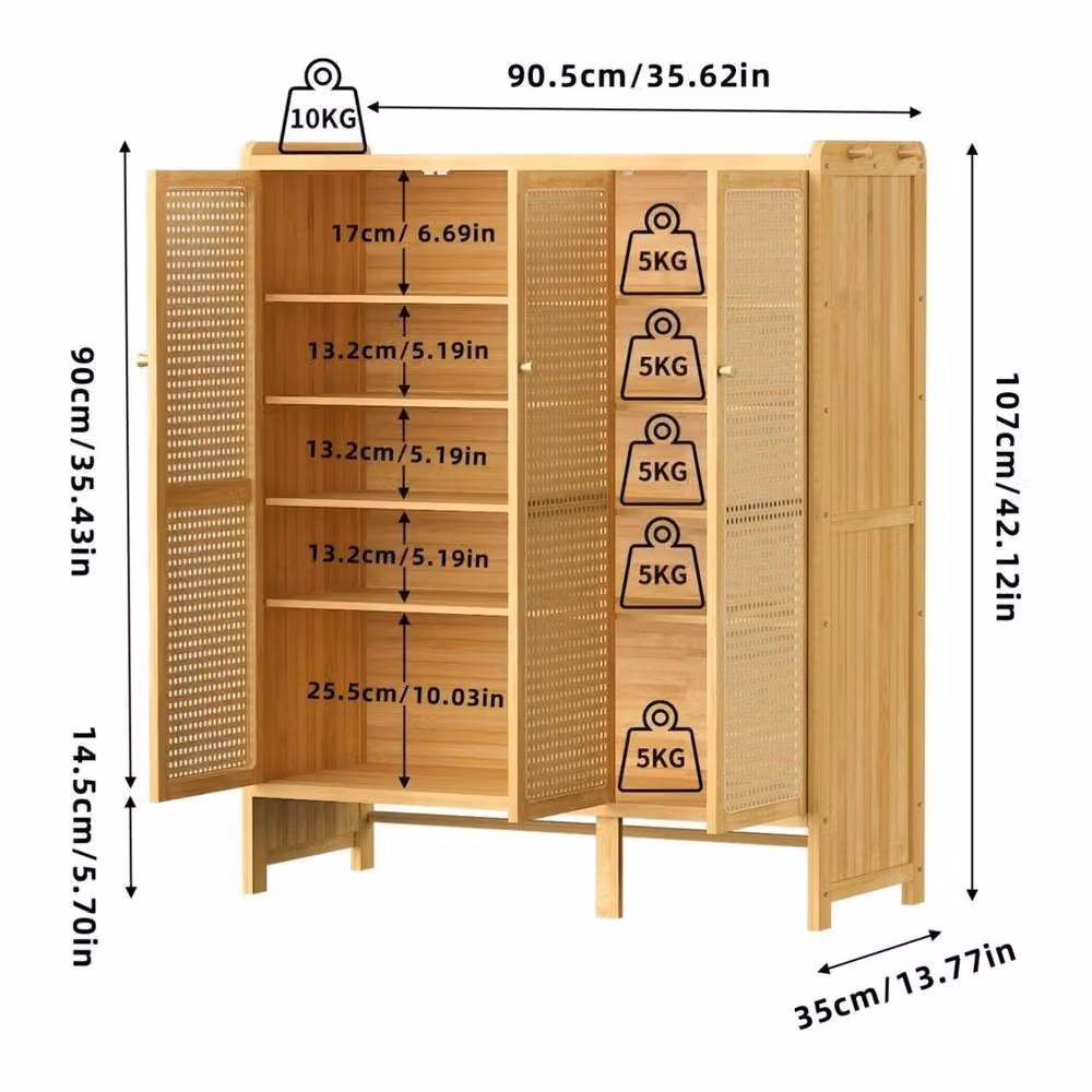 KORVIXA Brown 5-Tier Shoe Storage Cabinet with Rattan Doors and Internal Shelves – 2