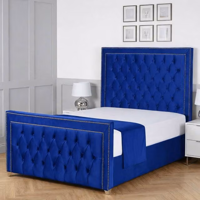 Living Comfort Bedz Metro Blue Velvet Upholstered Gas Lift Storage Bed, W/D/H: 140 x 200 cm – 1