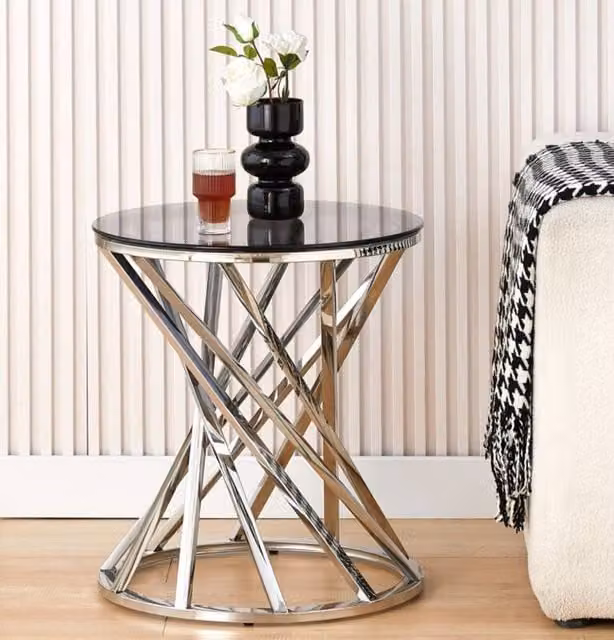Comfy Living Ltd Round Geometric Metal Side Table with Tinted Tempered Glass Top in Silver, W/D/H: 50 x 50 x 55 cm