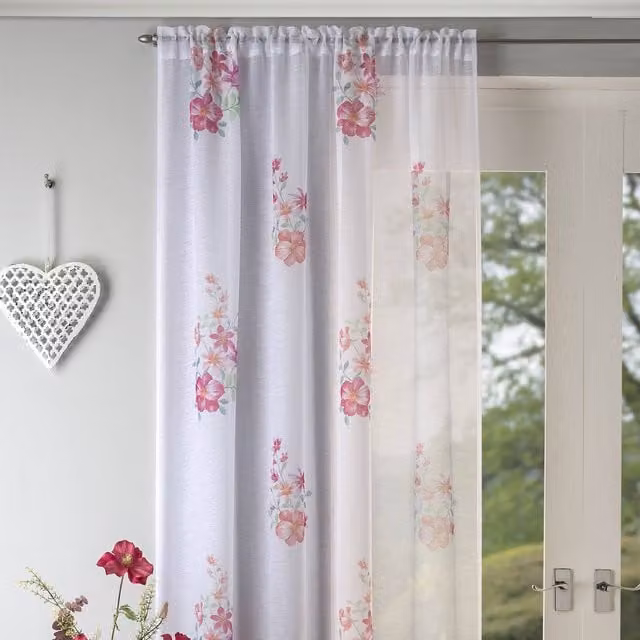 Terrys Floral Pink and White Transparent Voile Fabric Panel Rod Pocket Curtain