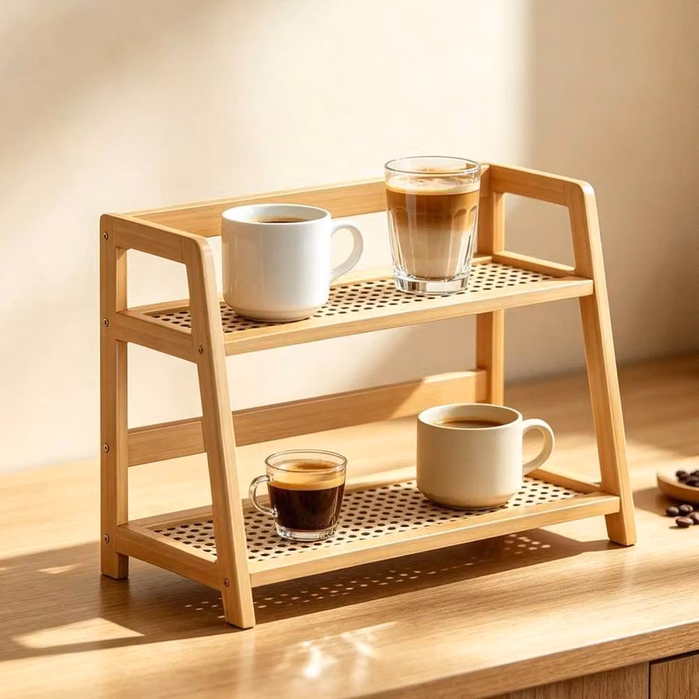 FORGEVIO 2 Tier Desktop Condiment Storage Rack in Natural Bamboo Wood, Brown and Beige – 2