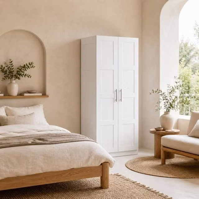 Wyld Haus Coravello 2 Door White Wardrobe with Soft Close Hinged Doors, Hanging Rail and Internal Shelves, H 180 x W 80 x D 53.5 cm