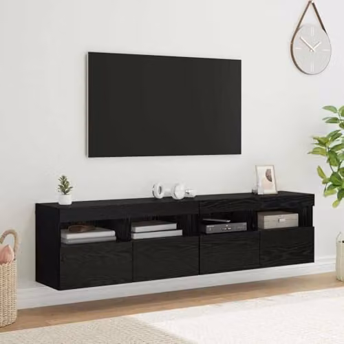 vidaXL Set of 2 Modern Wall-Mounted TV Cabinets in Black Oak Engineered Wood with Integrated Lighting and Internal Shelves – 2