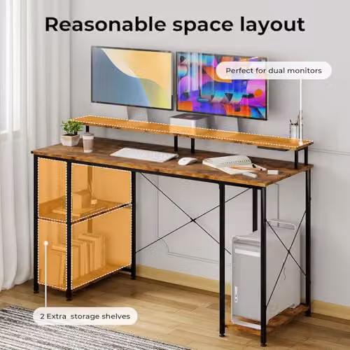 Levede Black Gaming Desk with Monitor Shelf and Storage Shelves, W: 140 cm, D: 50 cm, H: 86.5 cm – 5