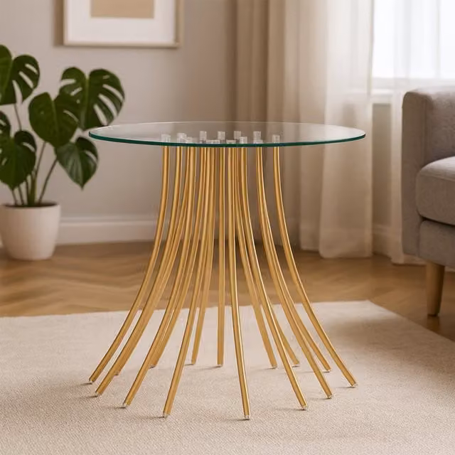 Orsina Modern Round Glass Top Side Table with Gold Metal Legs – 1