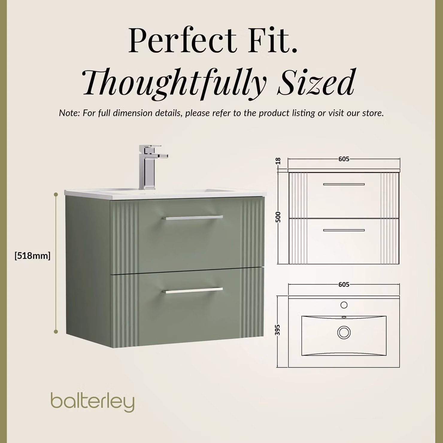 Balterley Wall Hung 2 Drawer Vanity Unit with Minimalist Basin, Satin Green, Width: 60 cm – 4